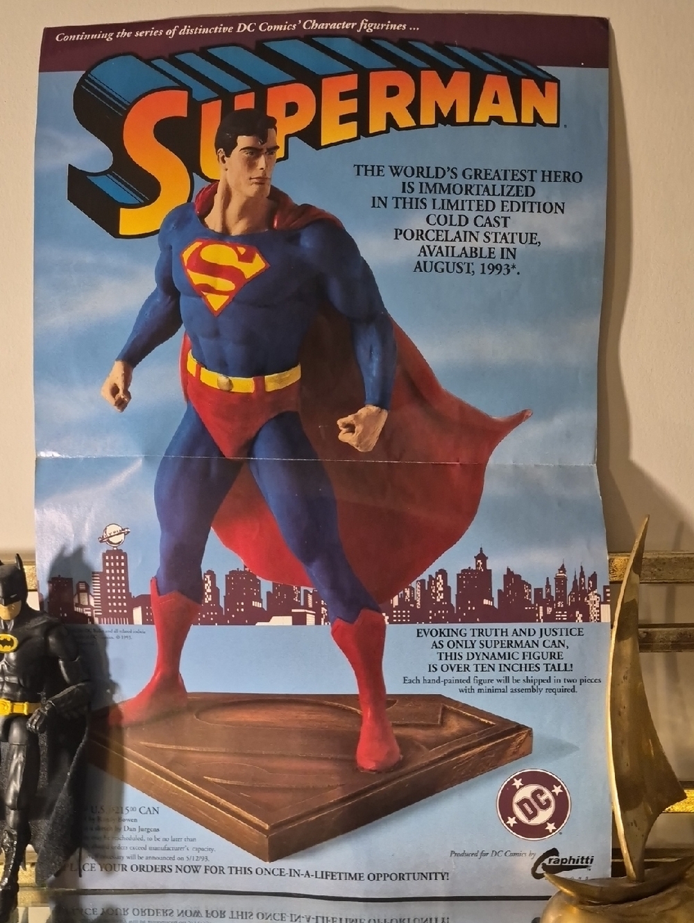 1993 Bowen Superman Statue Poster-Double Sided, 11"×17", Red Multi